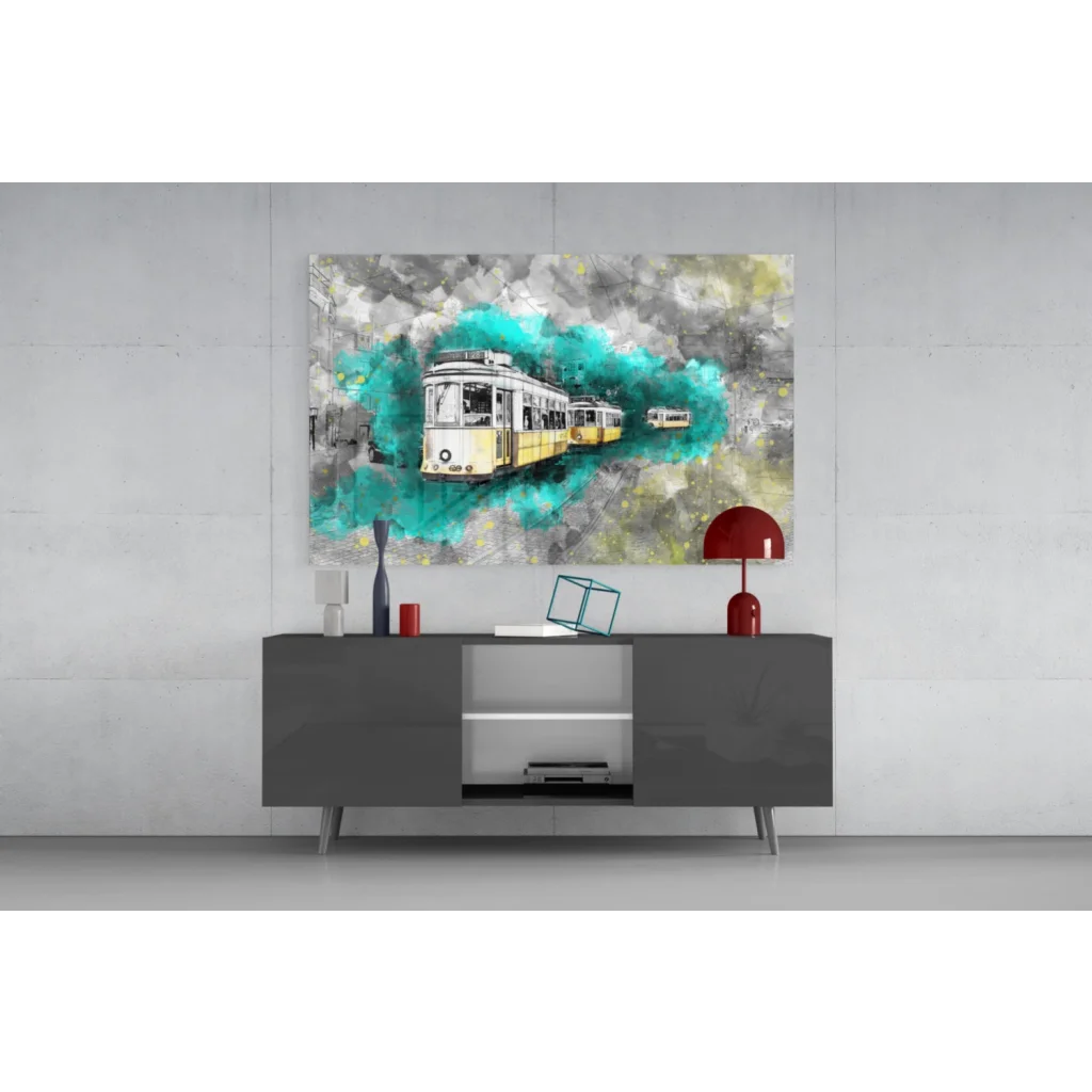 Vibrant turquoise and gray abstract canvas wall art with yellow tram