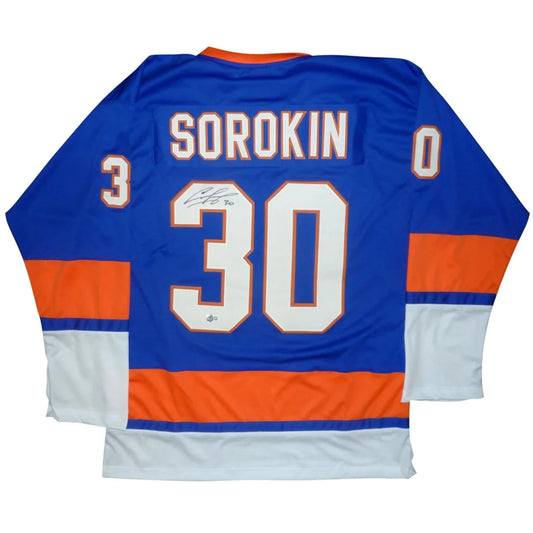 Ilya Sorokin autographed blue custom hockey jersey number 30