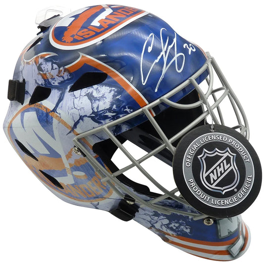 Ilya Sorokin autographed replica goalie mask in blue and orange New York Islanders design