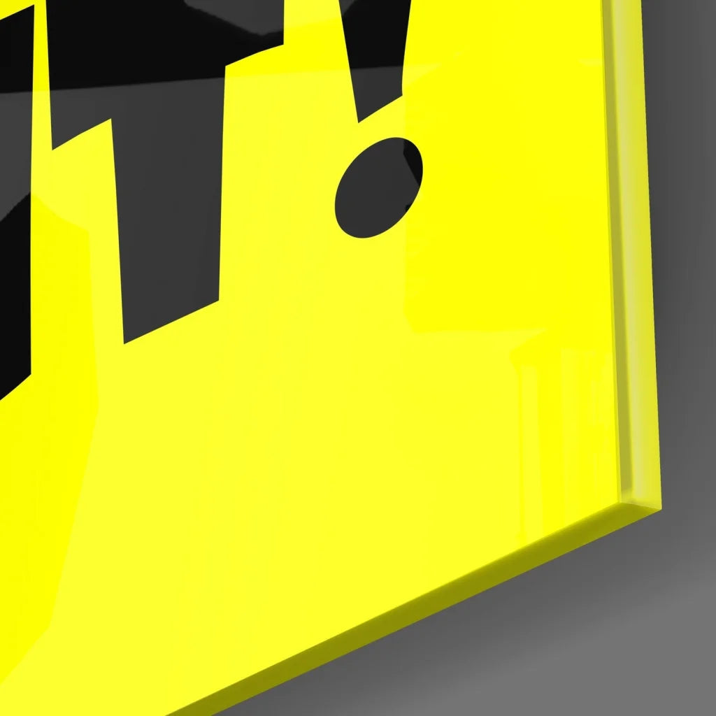 Vibrant yellow tempered glass art sign with bold black geometric cutouts