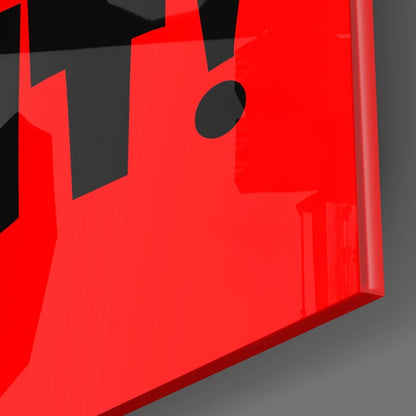 Bold boss statement tempered glass art in vibrant red with black geometric shapes