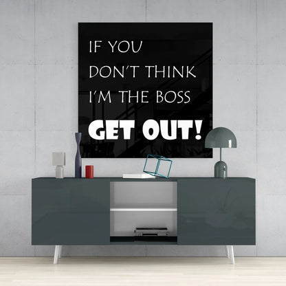 Boss vibes tempered glass art with bold white text on black canvas