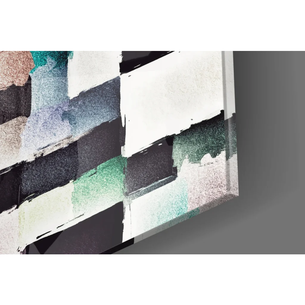 Abstract glass wall art with bold textured brushstrokes in teal and earth tones