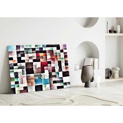 Vibrant mosaic watercolor squares glass wall art canvas in black, white, red, blue, green, brown