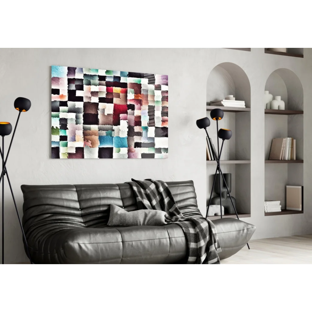 Vibrant mosaic watercolor squares glass wall art canvas in colorful textured shades