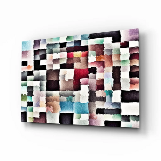 Vibrant mosaic watercolor squares glass wall art in earth tones and reds