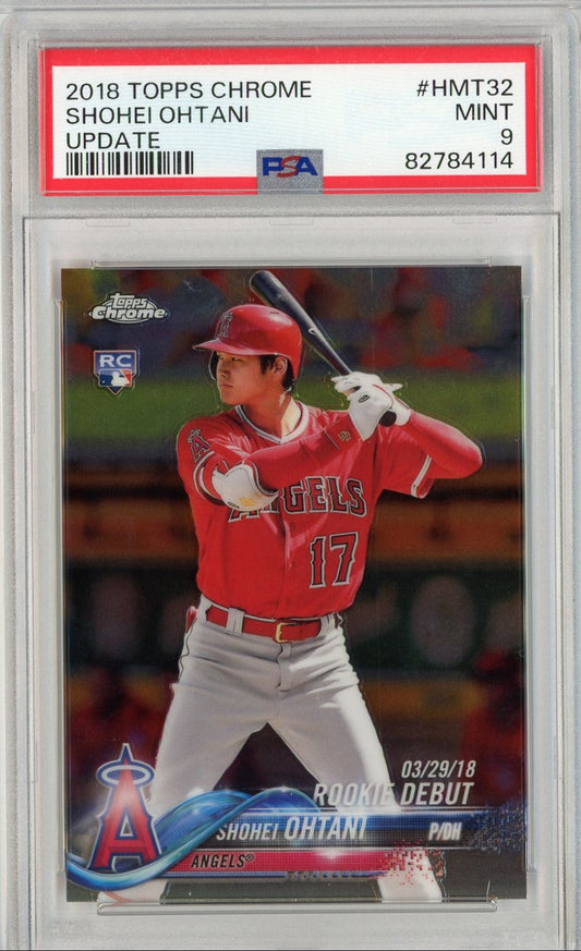 PSA-graded baseball card in clear plastic holder showing Shohei Ohtani in red Angels uniform at batting stance with rookie designation and date 03/29/18.
