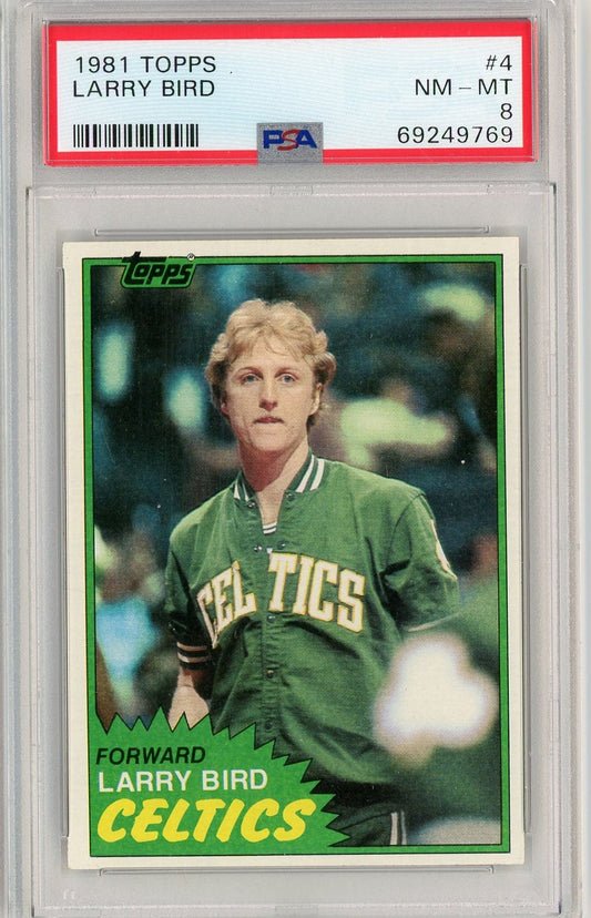 1981 Topps Larry Bird basketball card #4 showing player in green Celtics uniform with PSA grading label above.