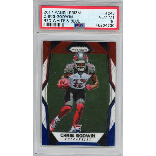 PSA-graded sports card in clear protective case showing Chris Godwin rookie card front with red, white, and blue design and grading label.