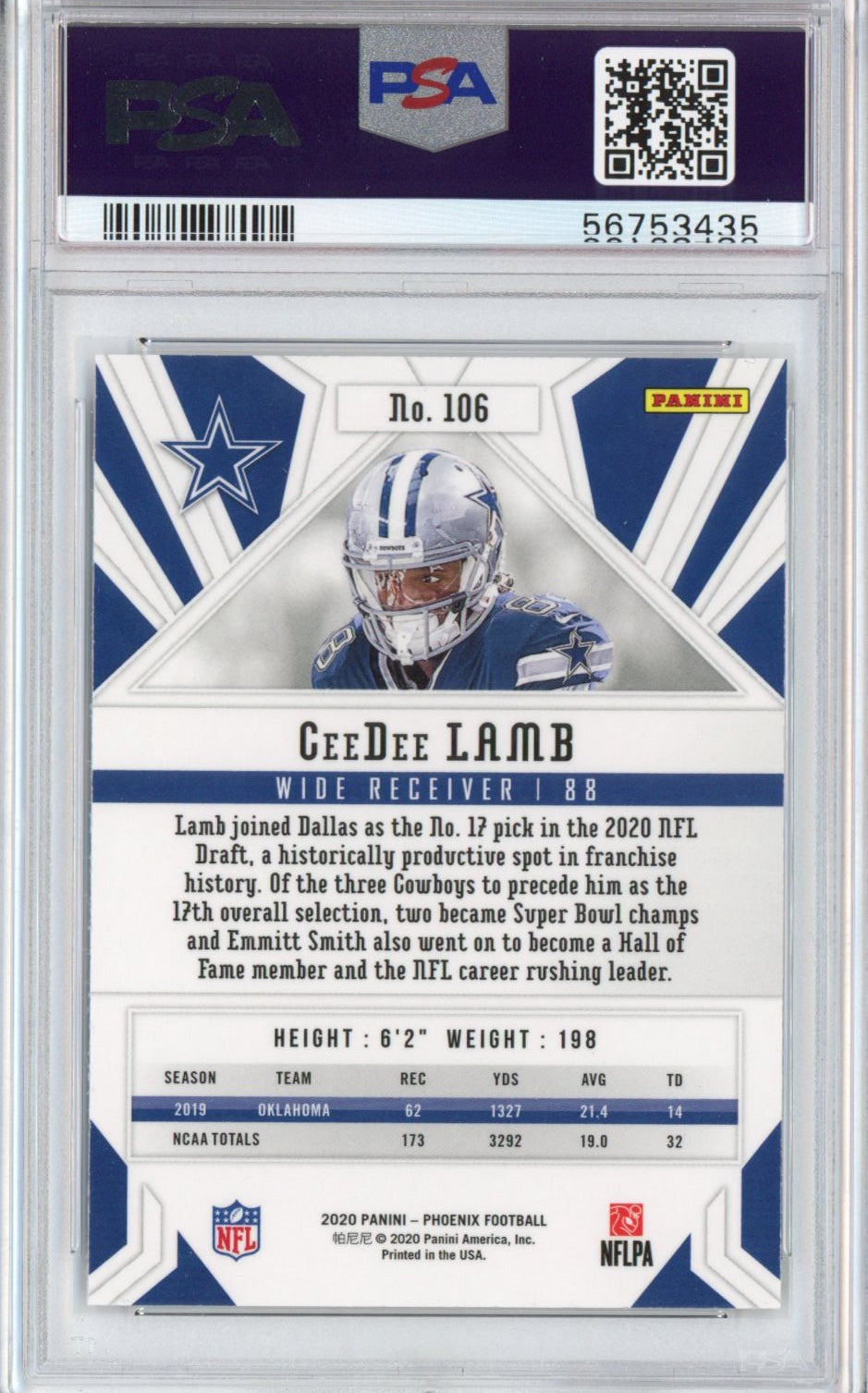 Graded 2020 Panini Phoenix CeeDee Lamb #106 Fire Burst Rookie RC Football Card PSA 10 Gem Mint