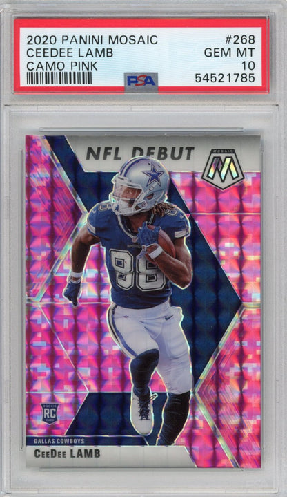 Graded 2020 Panini Mosaic CeeDee Lamb Camo Pink Rookie Football Card PSA 10 Gem Mint