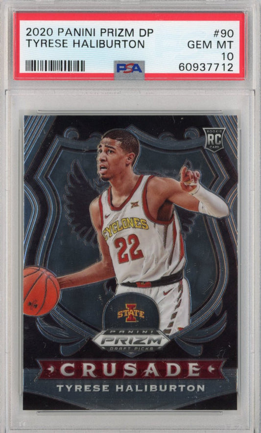 PSA-graded basketball card displaying Tyrese Haliburton in Iowa State Cyclones uniform number 22, with red PSA label visible above.