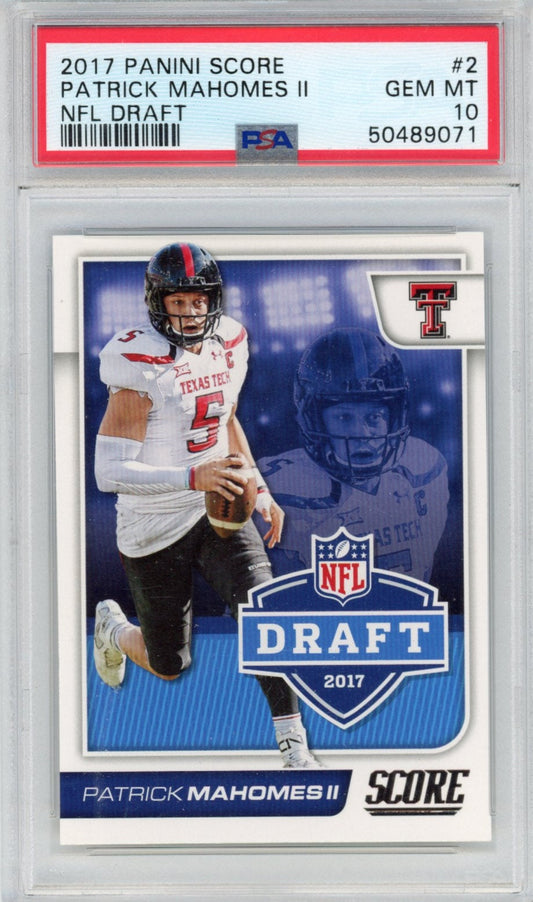 Front of graded PSA 10 card featuring Patrick Mahomes II in Texas Tech white jersey with blue helmet on 2017 NFL Draft design.