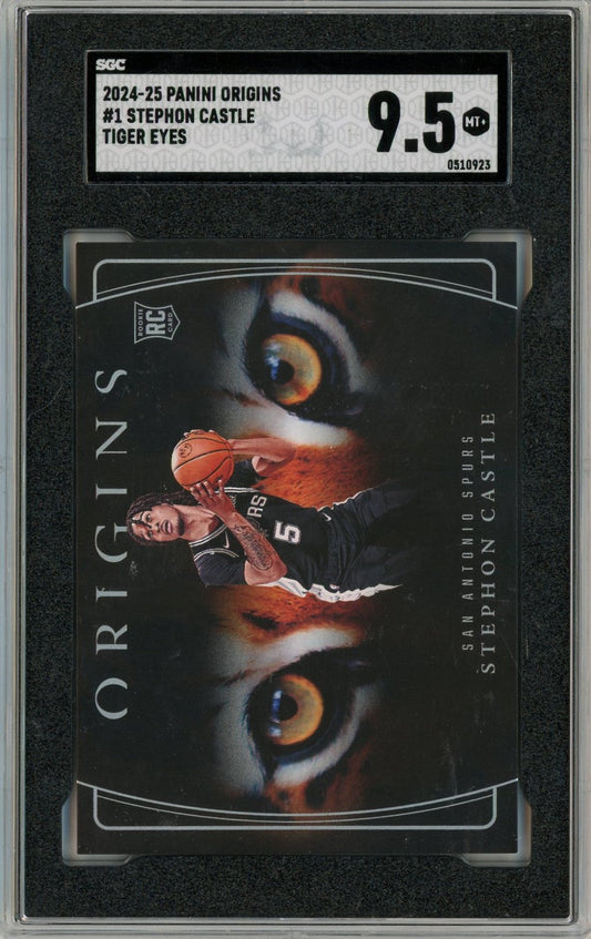 SGC-graded basketball card in clear holder showing Stephon Castle in black jersey with tiger eyes design and "Origins" text on black background.