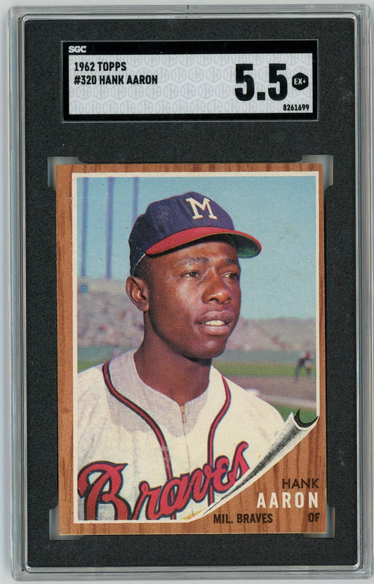 1962 Topps Hank Aaron baseball card in SGC graded holder showing player portrait in Milwaukee Braves uniform with bat.