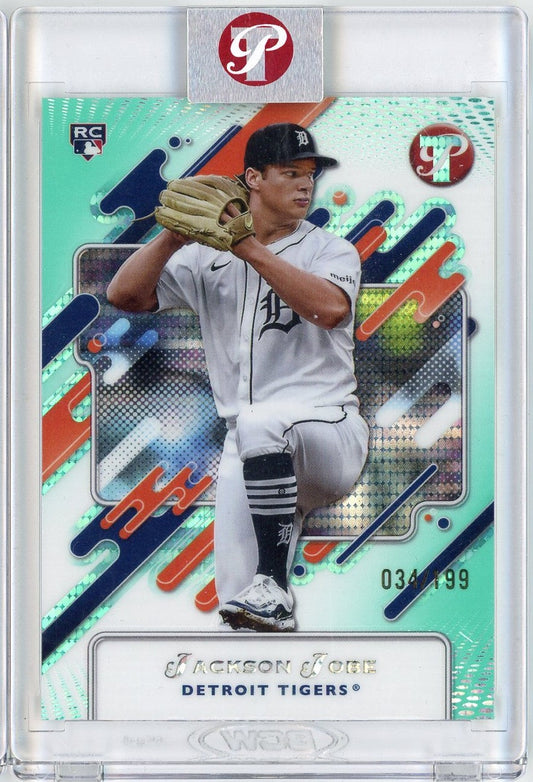 Front of aqua-bordered baseball card featuring Jackson Jobe in Detroit Tigers uniform holding glove, numbered 034/199.
