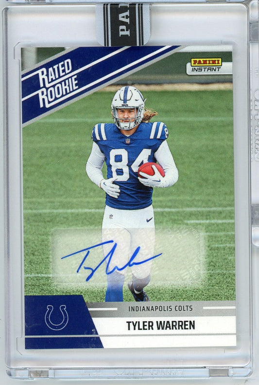 Signed 2025 Panini Instant NFL rookie card featuring Tyler Warren in Indianapolis Colts blue uniform holding football, with printed autograph and "Rated Rookie" designation.
