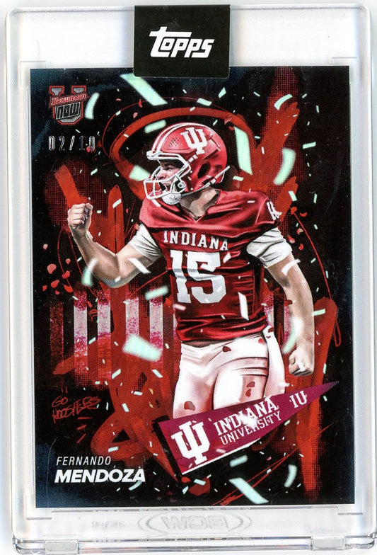 Front of black foil football card featuring Indiana player number 15 in red uniform with helmet, confetti graphics, and player name Fernando Mendoza printed below.