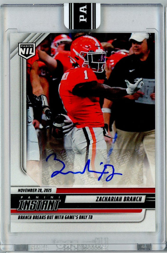 Autographed trading card featuring Zachariah Branch in red Georgia Bulldogs uniform, signed in blue ink, dated November 28, 2025.