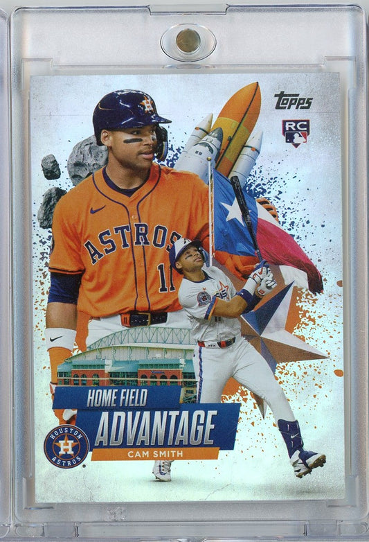 Baseball card front featuring Cam Smith in orange Houston Astros uniform with RC logo, stadium imagery, and decorative splatter elements on clear plastic case.