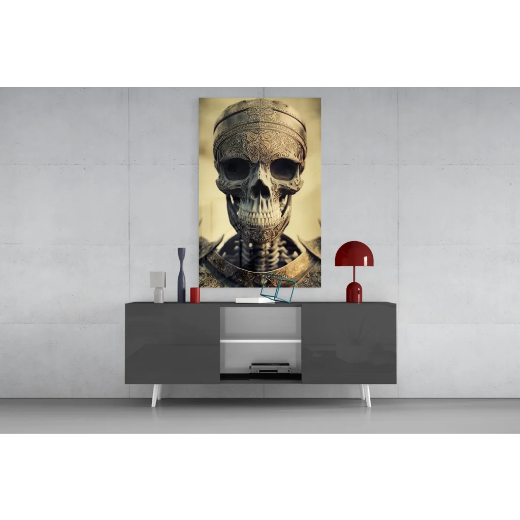 Golden skull portrait glass wall art with armor and crown design