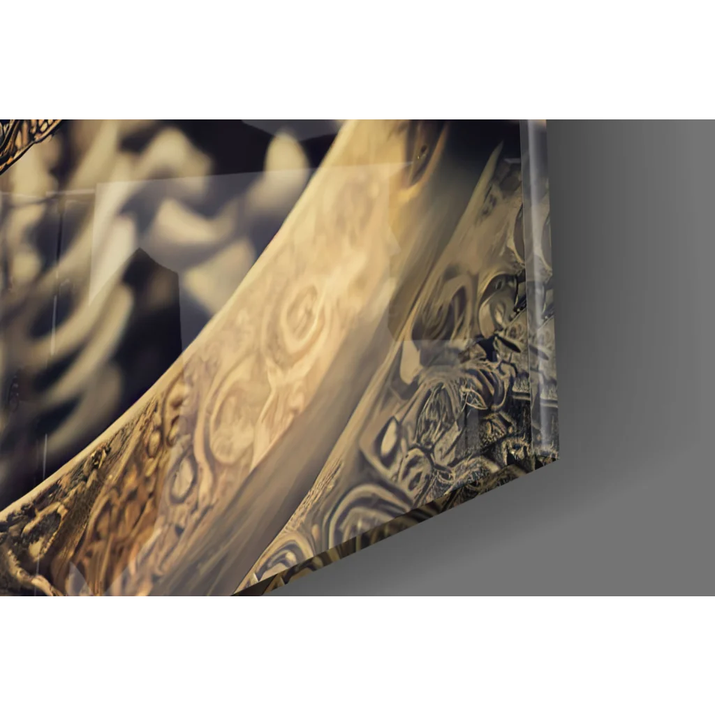 Golden ornate sword blade glass wall art with intricate patterns