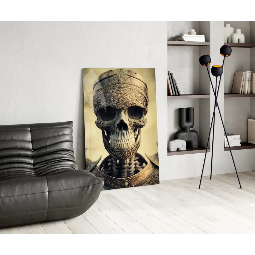 Stunning glass wall art of skull in ornate golden armor