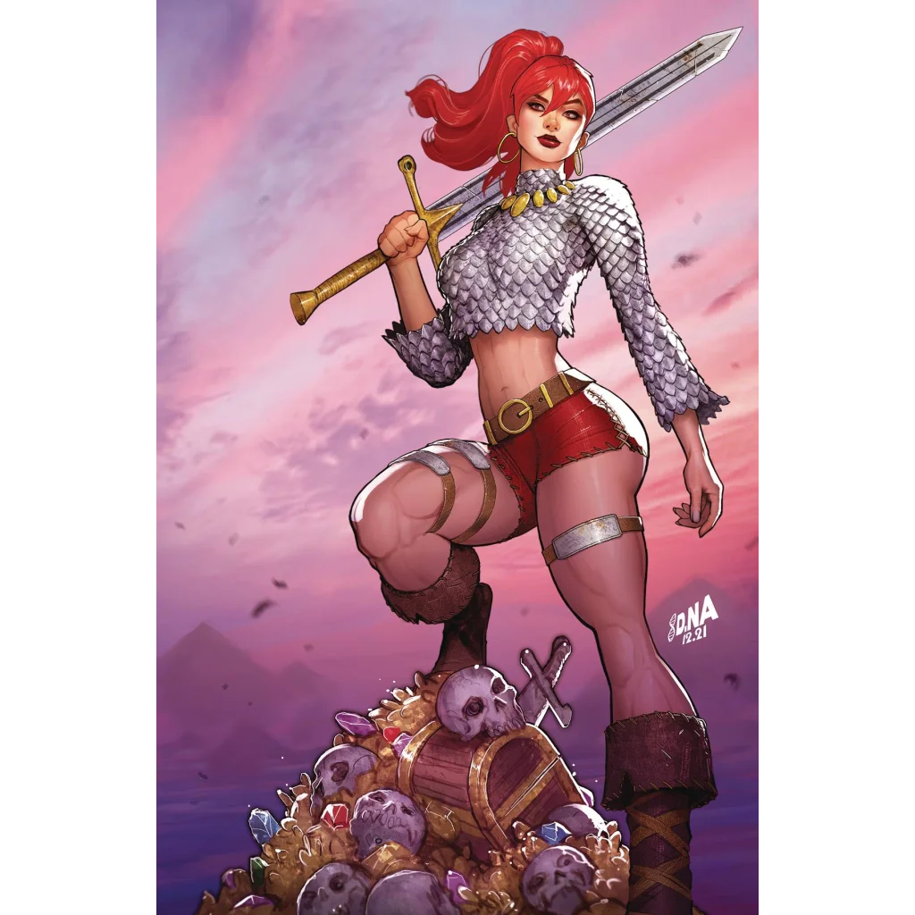 Red Sonja comic art print with a fiery red-haired warrior on treasure pile