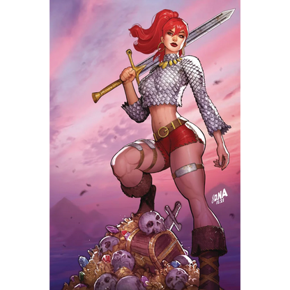 Red Sonja comic art print with a fiery red-haired warrior on treasure pile