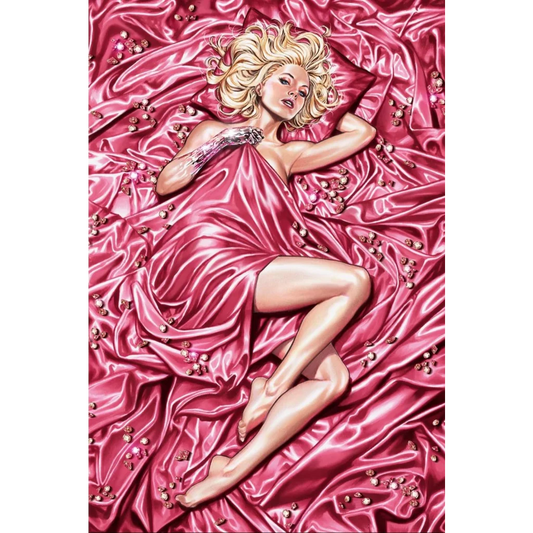 Blonde woman with metallic arm on pink silk sheets from Mark Brooks Exclusive SDCC cover