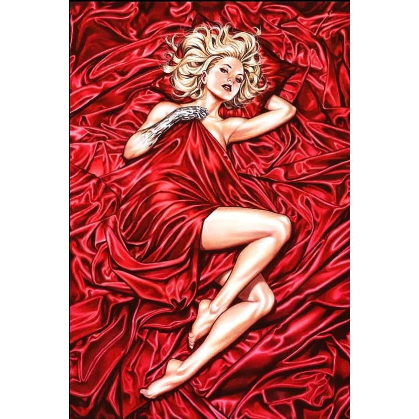 Sensual blonde woman in red silk sheets from Mark Brooks Exclusive Immortal X-Men 4 Comic Book