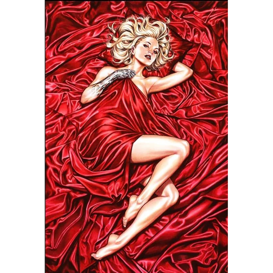 Sensual blonde woman in red silk sheets from Mark Brooks Exclusive Immortal X-Men 4 Comic Book