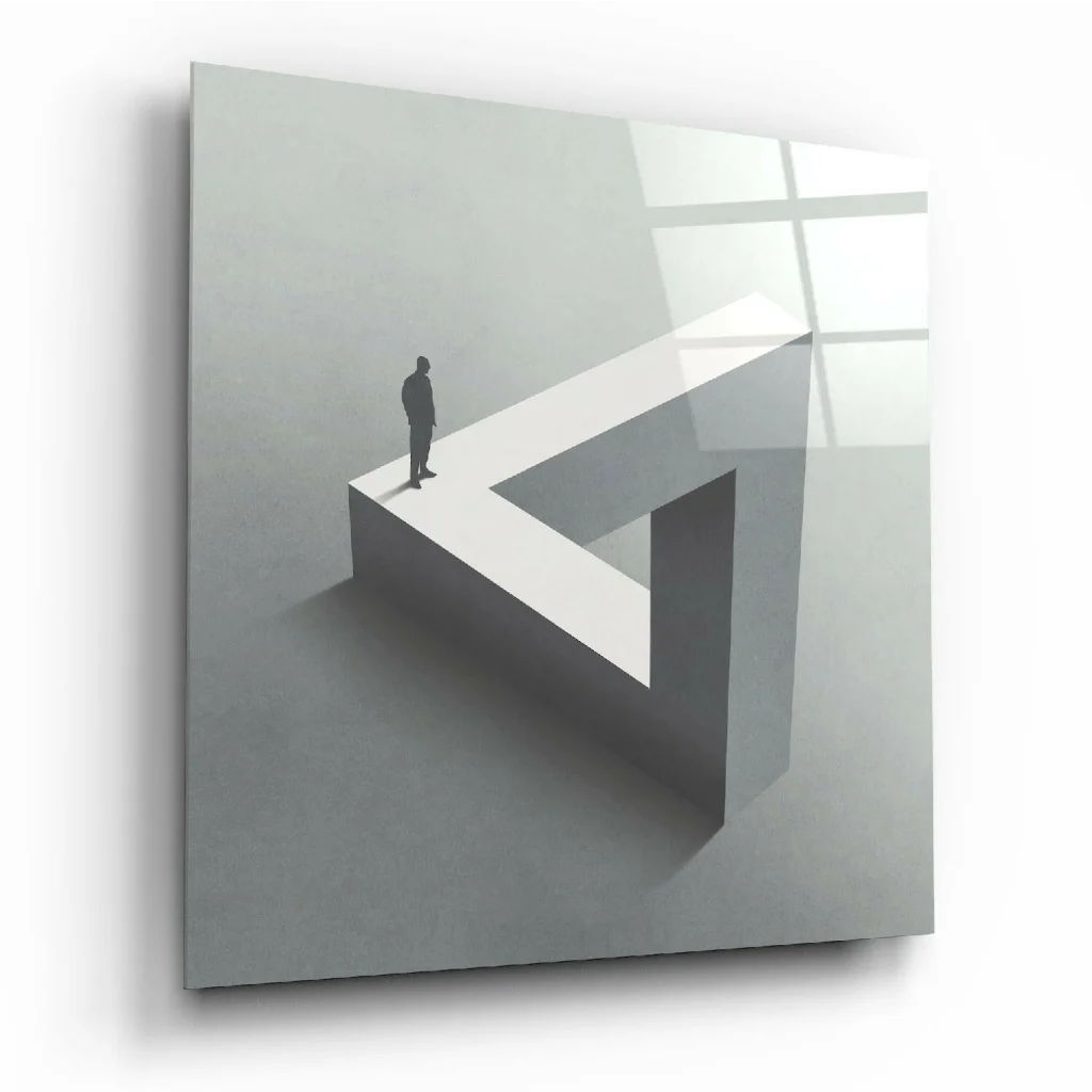 Impossible Triangle 3D glass wall art in minimalist gray tones