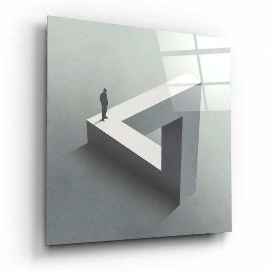 Impossible Triangle 3D glass wall art in minimalist gray tones