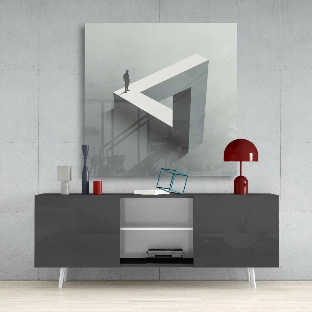 Modern gray sideboard with white legs in Impossible Triangle 3D glass wall art