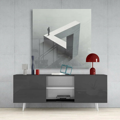 Modern gray sideboard with white legs in Impossible Triangle 3D glass wall art