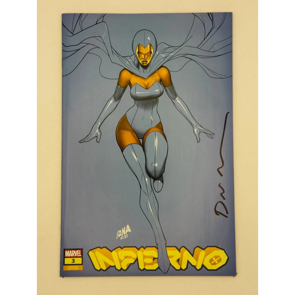 Comic book featuring a female superhero in gray and gold costume from INFERNO #3 by David Nakayama