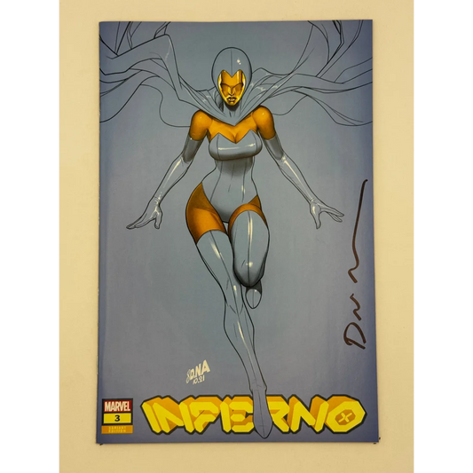 Comic book featuring a female superhero in gray and gold costume from INFERNO #3 by David Nakayama