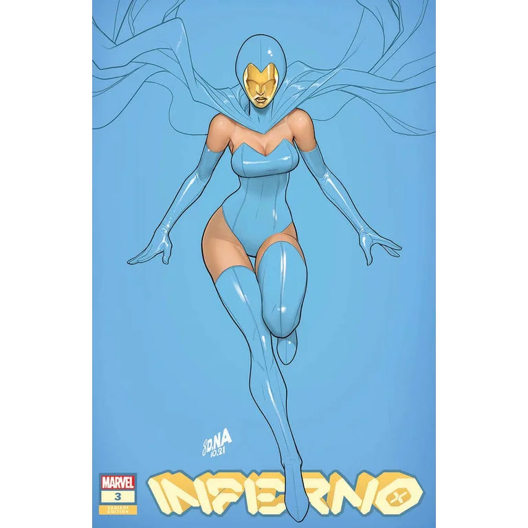 Comic book featuring female superhero in blue costume from INFERNO #3 by David Nakayama