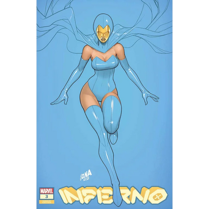 Comic book featuring female superhero in blue costume from INFERNO #3 by David Nakayama