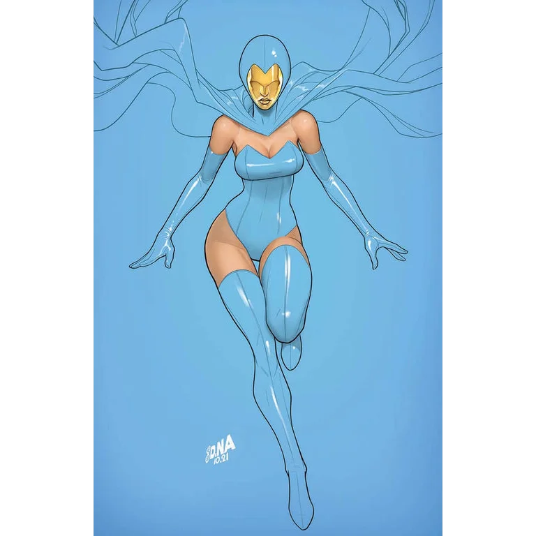 Comic book character in light blue costume with gold mask and cape from INFERNO Issue 3 by David Nakayama