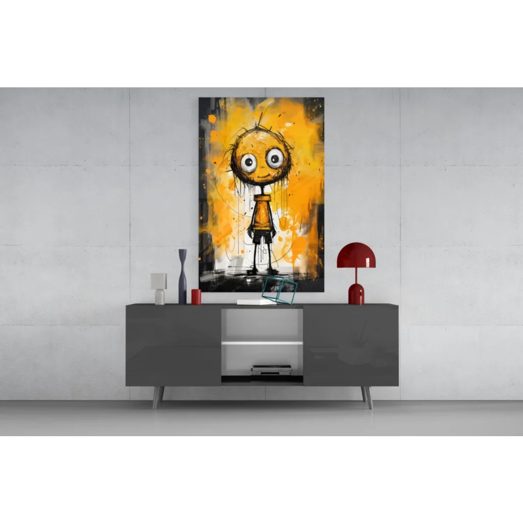 Vibrant yellow black cartoon eyes glass wall art in orange black