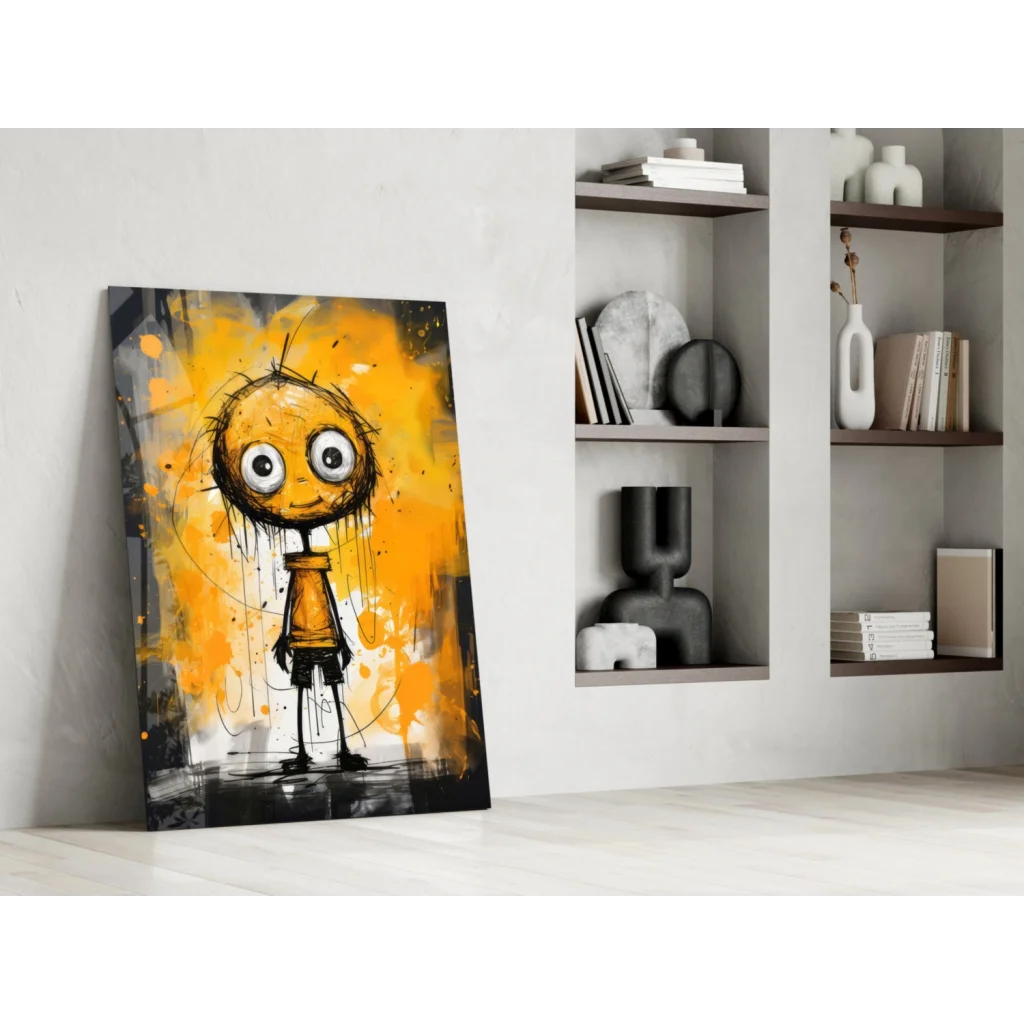 Vibrant yellow black cartoon eyes glass wall art in orange black