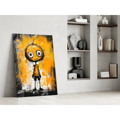 Vibrant yellow black cartoon eyes glass wall art in orange black