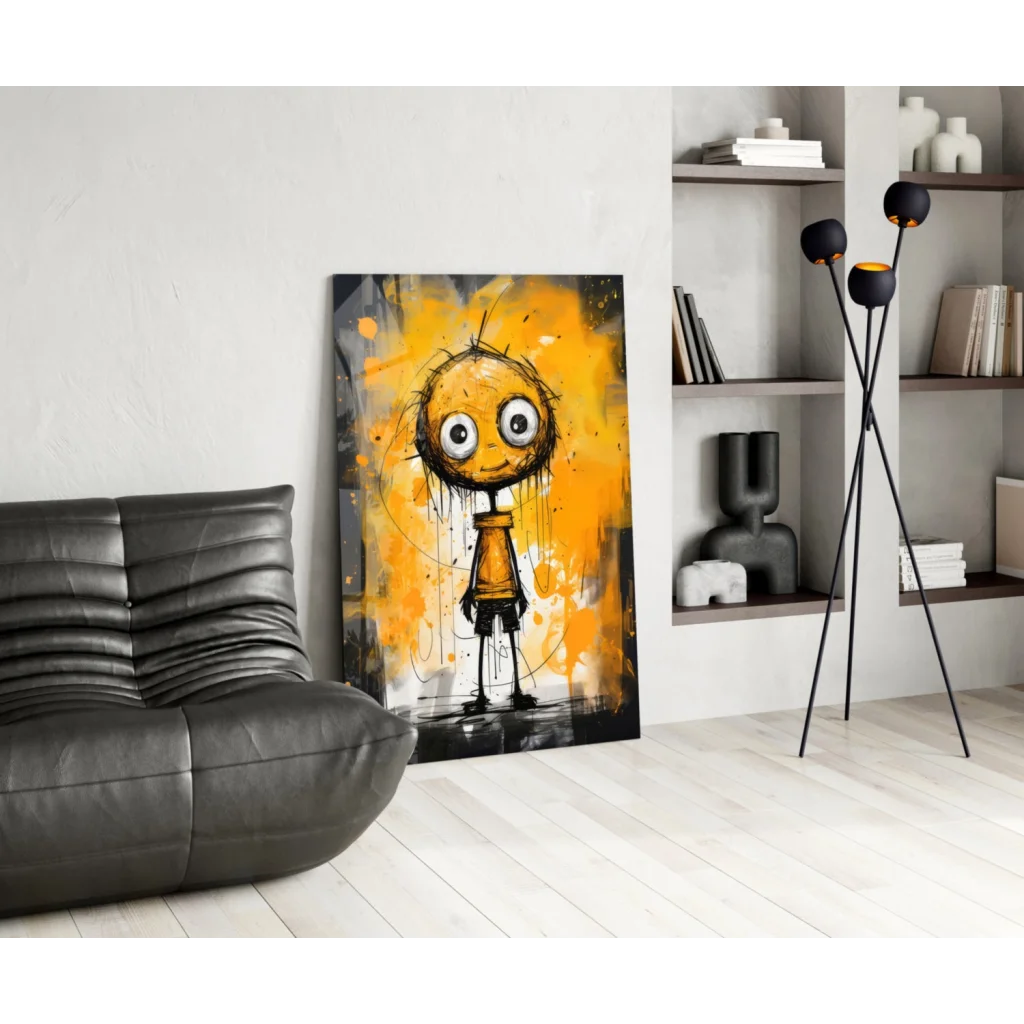 Vibrant yellow black cartoon eyes glass wall art in orange black