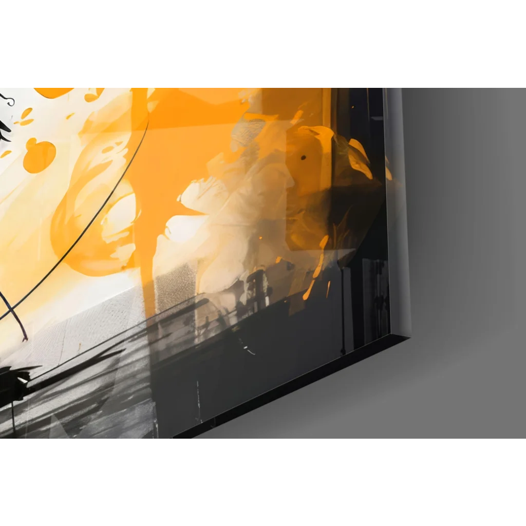 Bold orange and black cartoon eyes glass wall art with abstract brushstrokes