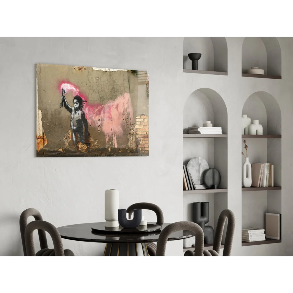 Banksy-style graffiti child with spray can pink splatters wall art canvas