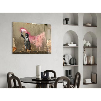 Banksy-style graffiti child with spray can pink splatters wall art canvas