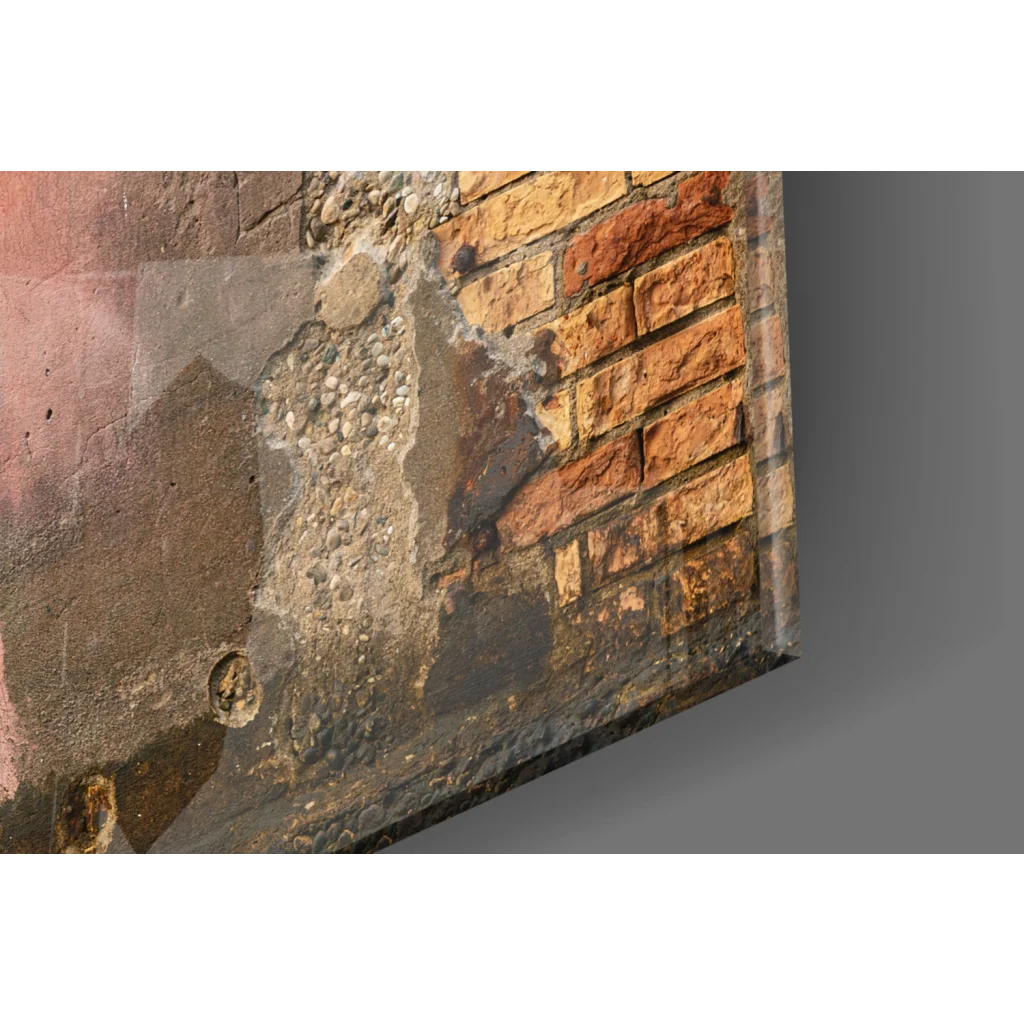 Banksy style wall art canvas of weathered brick wall with pink spray paint