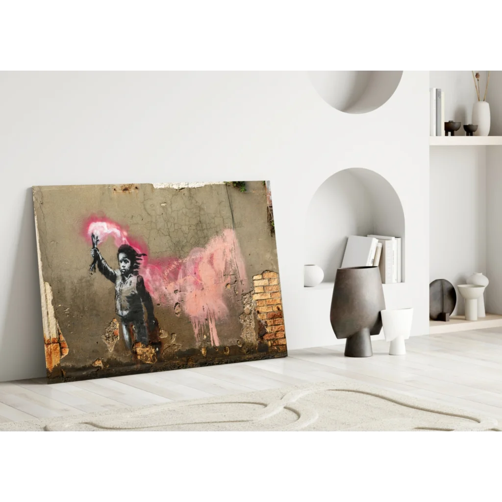 Banksy style graffiti wall art canvas with pink spray paint child stencil